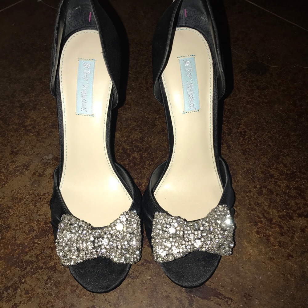 COPY - Betsey Johnson black satin heels w/ rhinestone bow